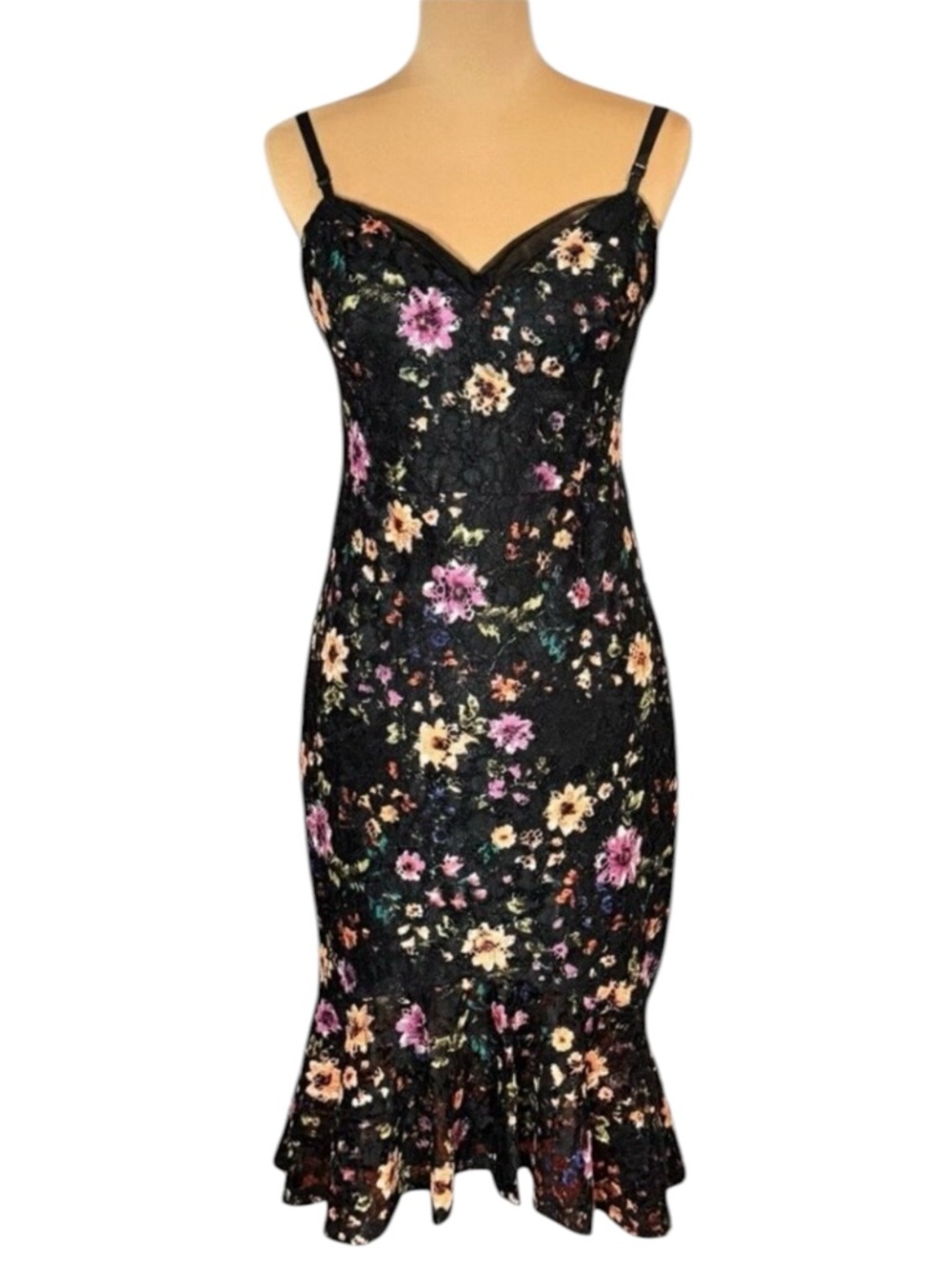Guess Floral Lace Dress Sz 12 Black Spaghetti Straps Ruffle Fairy Event Party